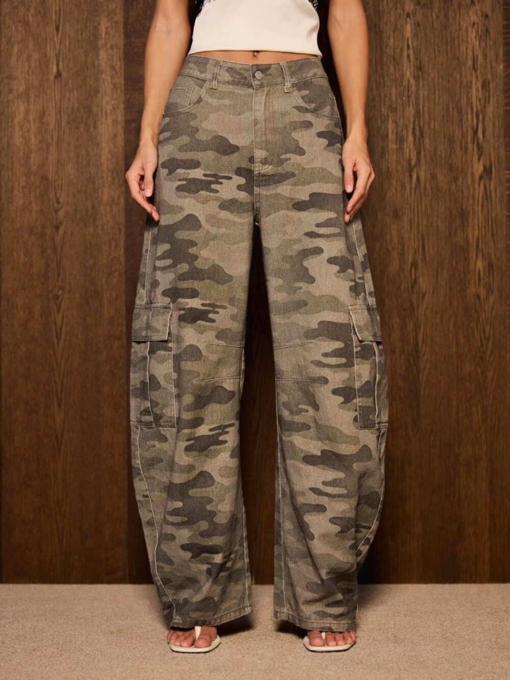 Multicolor Casual Women's Wide Leg Camo Cargo High Rise Pants